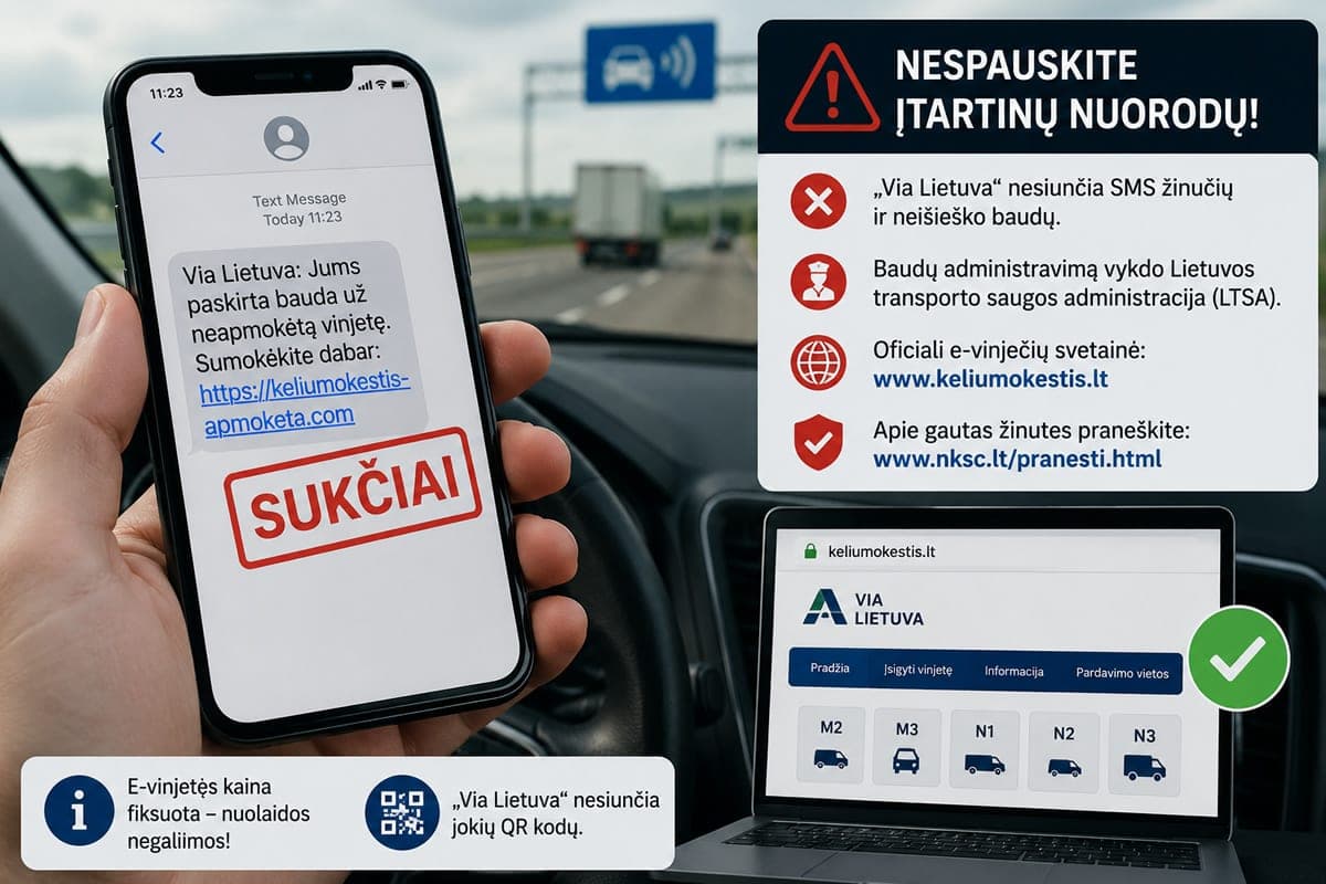 „Via Lietuva“ perspėja apie sukčių siunčiamas SMS žinutes dėl e-vinječių baudų