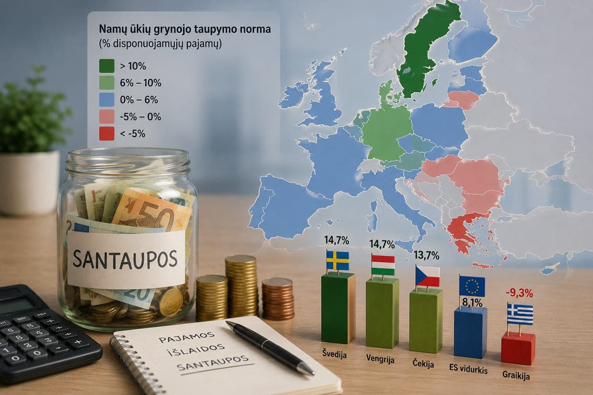 Europoje taupymo žemėlapis skyla pusiau: vieni atsideda daugiau nei 14 proc. pajamų, kiti gyvena iš santaupų