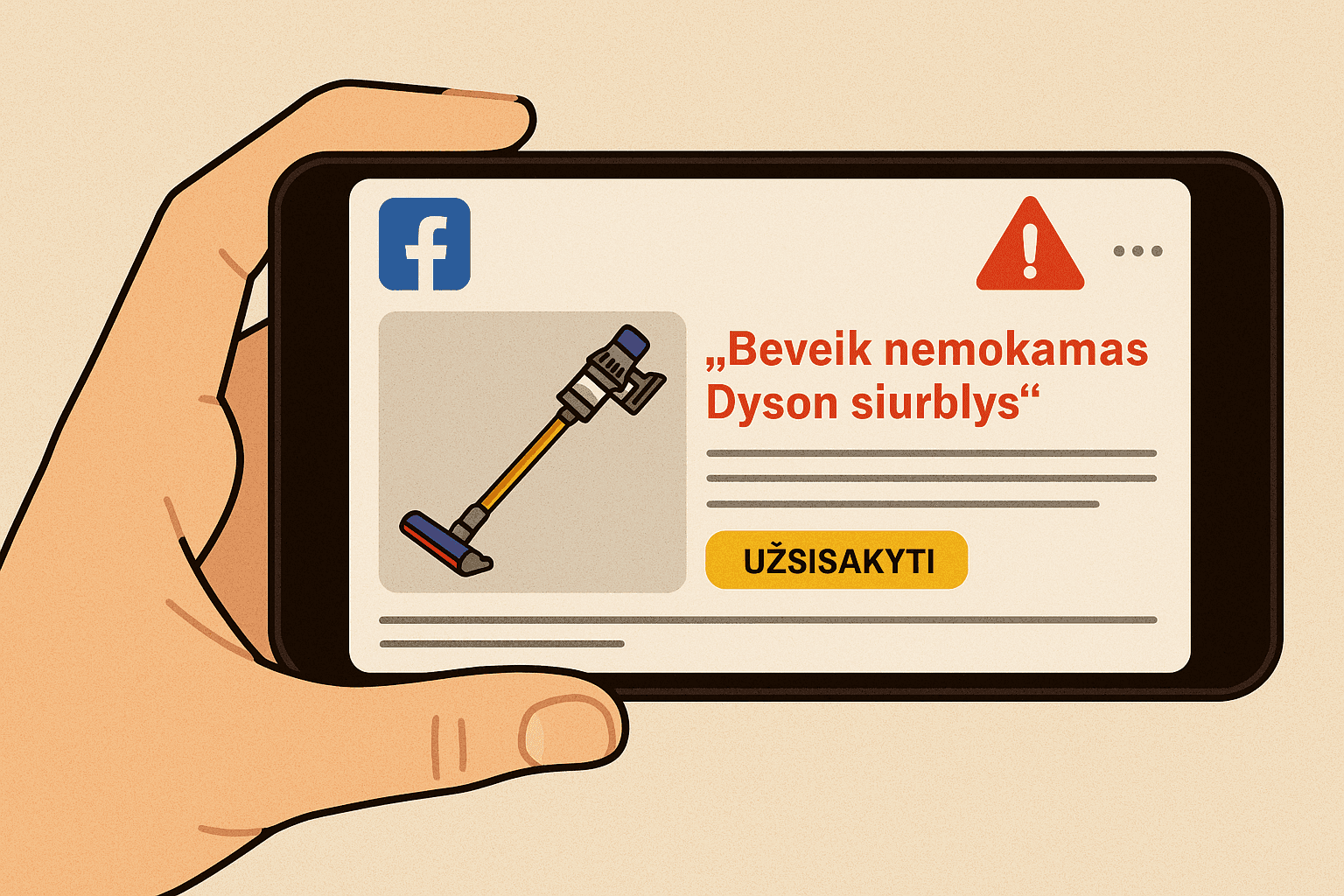 „Tik 9,99 € už Dyson dulkių siurblį“ – kaip surežisuotas Facebook apgavystės scenarijus vilioja kortelių duomenis