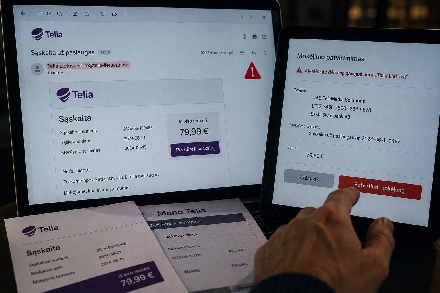 Sukčiai pradėjo siųsti tikroviškai atrodančias „Telia“ sąskaitas – pinigai nukreipiami į svetimas bankų sąskaitas