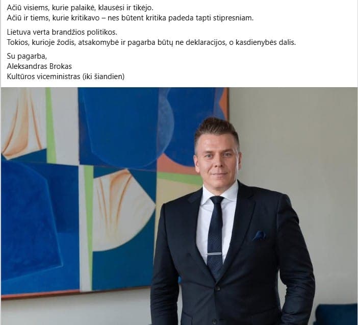 Kultūros viceministras Aleksandras Brokas traukiasi iš pareigų: „drakonas mirė“