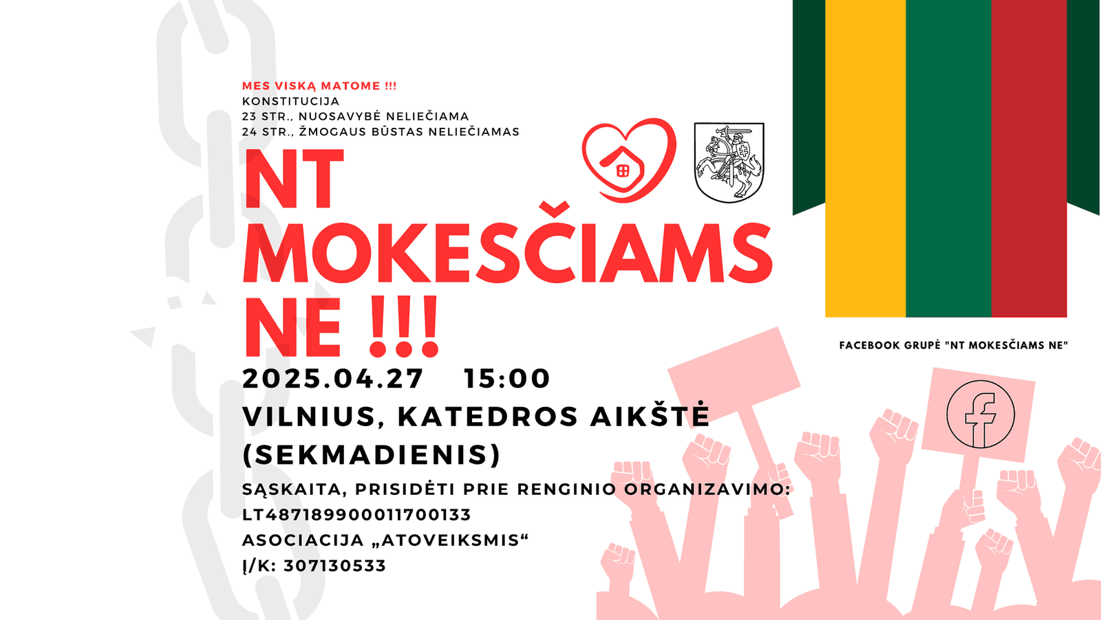 Jau 15 valandą prasideda gyventojų mitingas prieš visuotinį NT mokestį