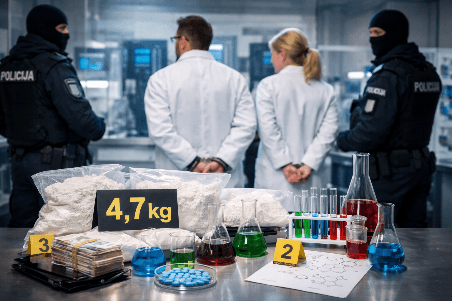 4,7 kg psichotropinės medžiagos byla: tarp įtariamųjų – aukštųjų technologijų laboratorijos darbuotojai