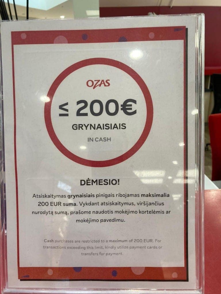 Neturėsite nieko: „Oze“ grynaisiais atsiskaityti galima jau tik iki 200 Eur.