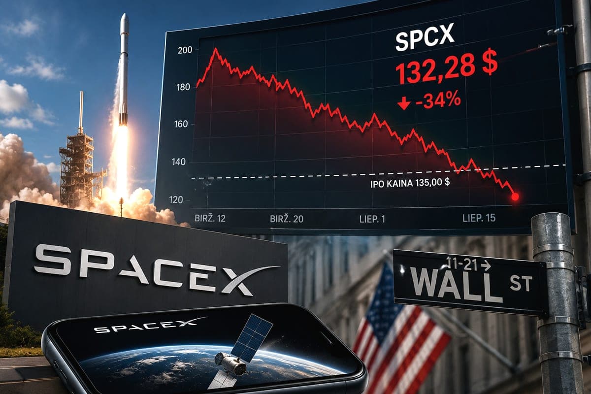 „SpaceX“ akcijų euforija subliūško per mėnesį: kaina trumpam nukrito žemiau IPO ribos