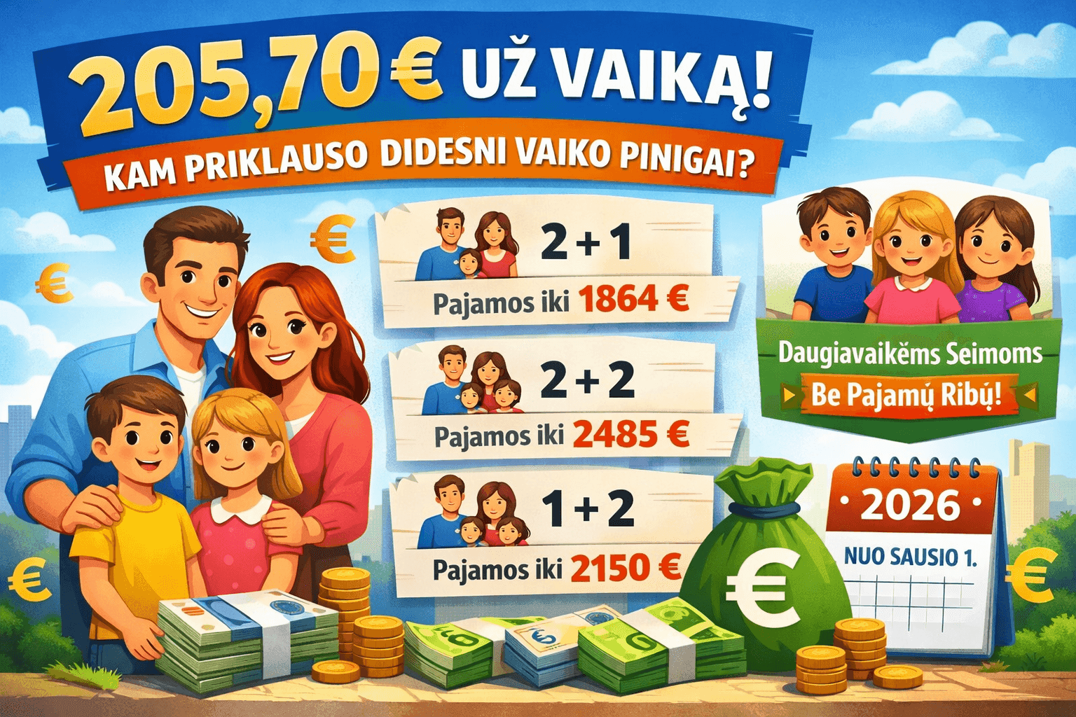 Ar žinojote: Lietuvoje šeimos gali gauti 205,70 euro siekiančius vaiko pinigus