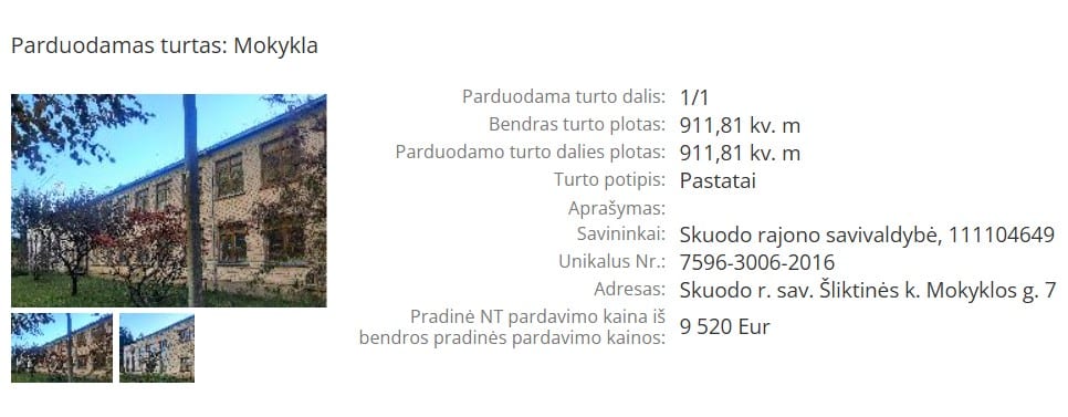 Šliktinės kaimo mokyklos pardavimas