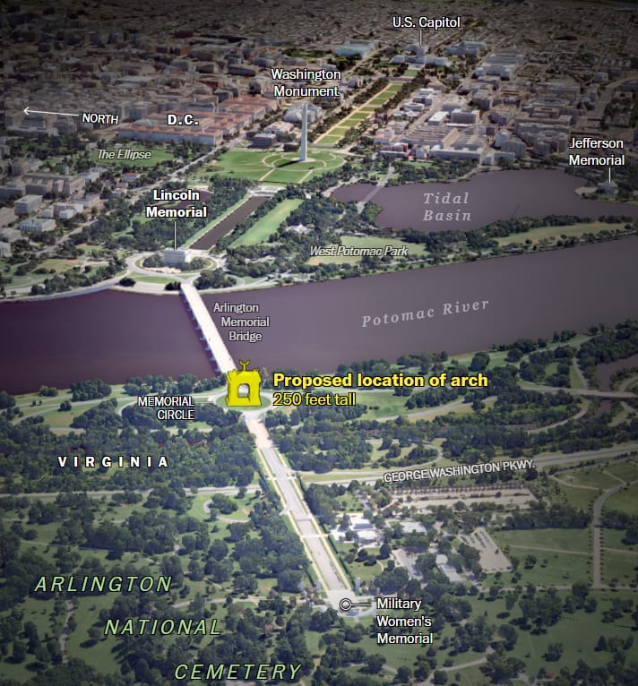Trimfo arkos numatyta vieta Vašingtone. Ekrano nuotrauka