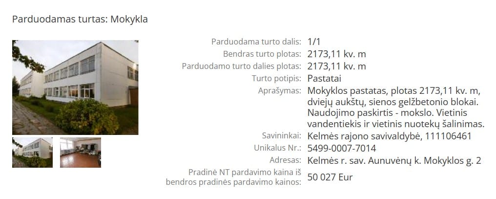Aunuvėnų mokyklos pardavimas