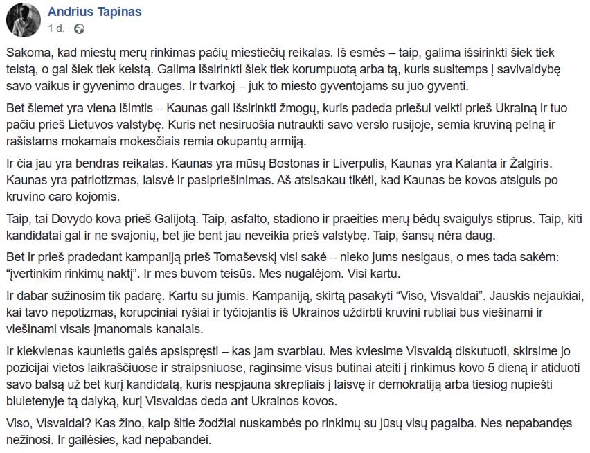 A. Tapino pasisakymas