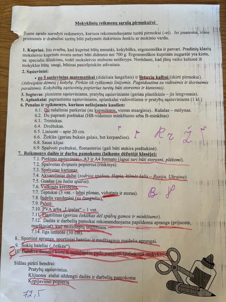 Pirmoko daiktų sąrašas