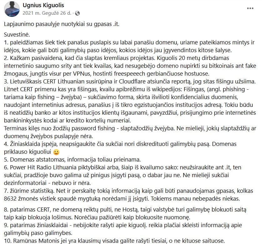 U. Kiguolio pasisakymas