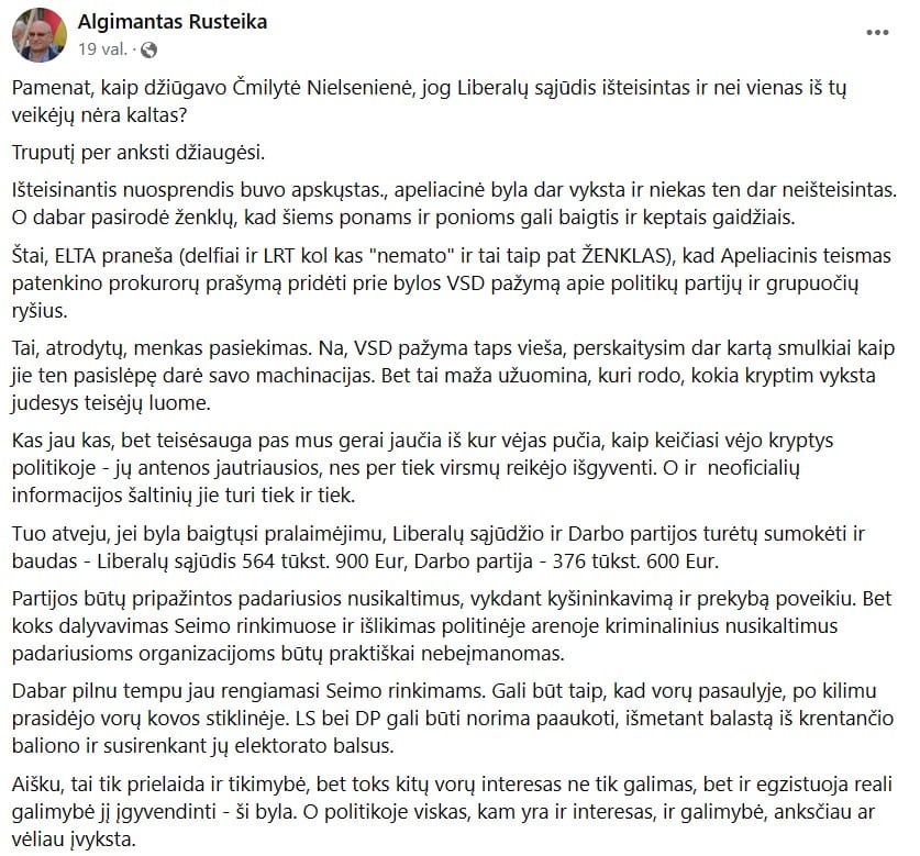 A. Rusteikos pasisakymas