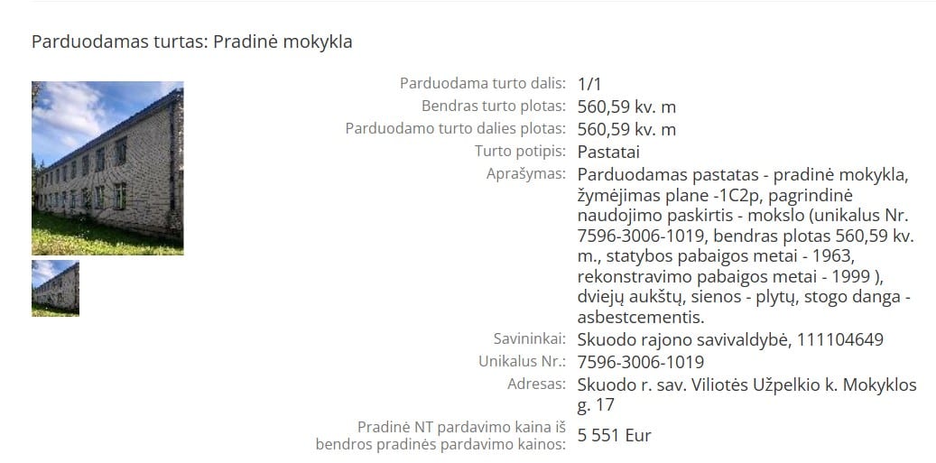 Viliotės Užpelkio pradinės mokyklos pardavimas