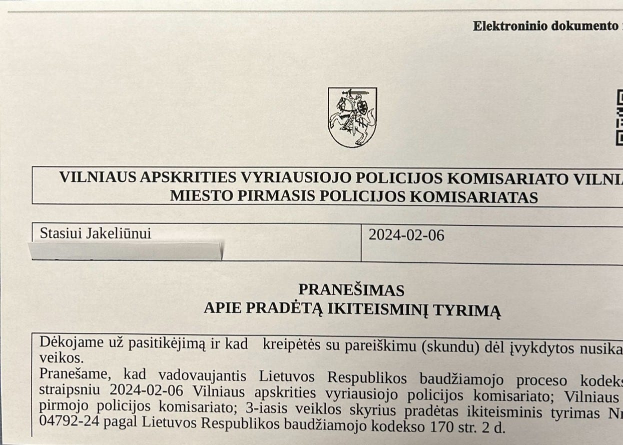 S. Jakeliūno gautas pranešimas