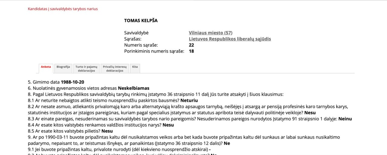 T. Kelpšos duomenys VRK