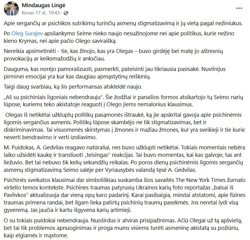 M. Lingės pasisakymas