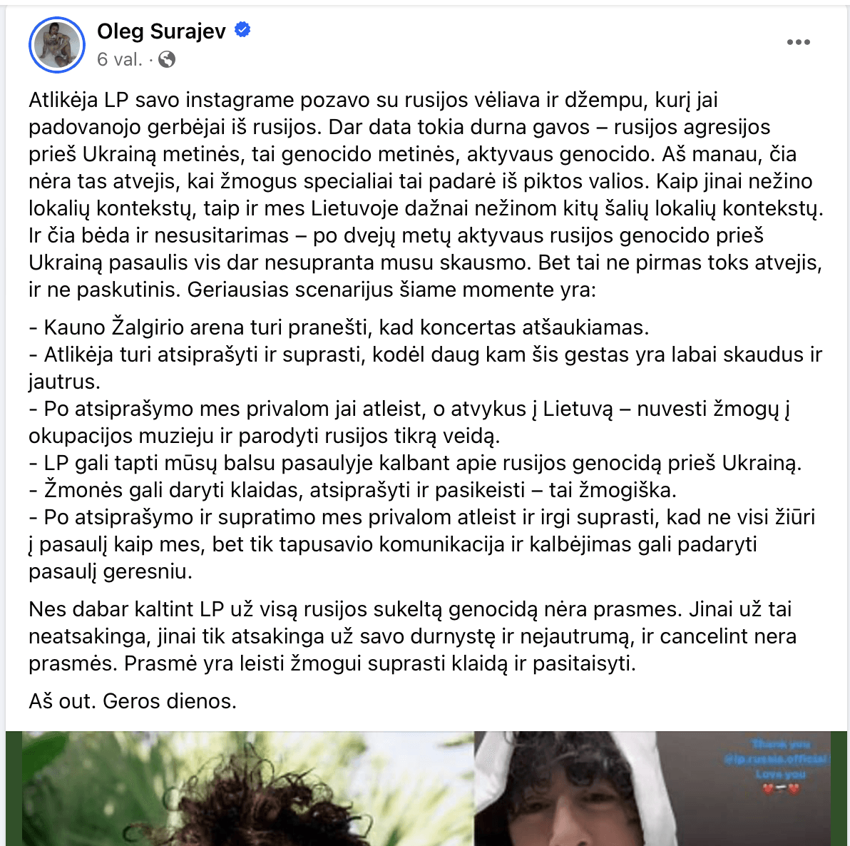 O. Šurajevo įrašas feisbuke