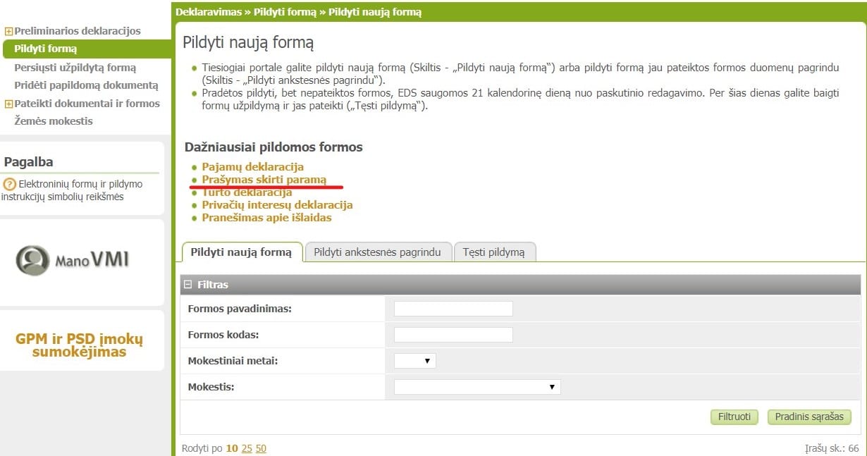 Pasirenkame „prašymas skirti paramą“